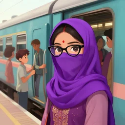 a photograph of a young cute hyderabadi woman with purple niqab and cateye glasses boarding a train, by floro dery, shoji kawamori, and greg rutkowski, artstation, concept art, high quality illustration, mtmte, cover art