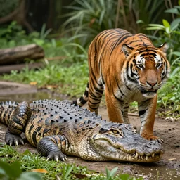 an alligator tiger!!! hybrid! hyper realistic!! realistic lighting!! wildlife photographer of the year!!! bold natural colors, national geographic, hd, wide angle, 8 k
