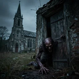 an sinister photo of creepy abomination crawling out of dark basement door next to the abandoned church, omnious atmosphere