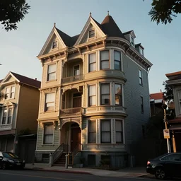 very tall multi Level victorian house, rule of thirds, Street scenery, Dynamic lighting, cinematic, establishing shot, extremely high detail, photo realistic, cinematic lighting, , post processed denoised, concept design, concept art, artstation, matte painting, midjourney, style by alex ross, raphael lacoste, eddie mendoza