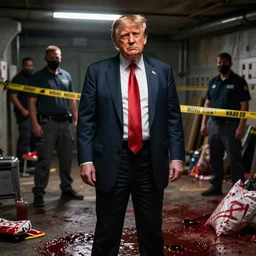 Donald Trump in a basement bloody crime scene photo, 8k, highly detailed, artstation