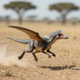 award winning photo by saul leiter of a tiny pterosaur running in the savannah, motion blur, dusty, tiny gaussian blur, insanely detailed, insanely intricate, depth of field, low contrast, sunny, action photography