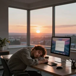 sleepy anonymous art junky at computer, beautiful sunrise through wide window
