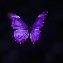 a glowing purple butterfly, flying in the night, black background, cinematic shot, photorealistic