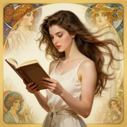 a girl reading book, hair flowing down | hyperrealistic | action pose | digital painting | trending on artstation | pinup portrait | clean | illustration | dressed | Unreal Engine 5 | 8k resolution | by Greg Rutkowski Alphonse Mucha Gustav Klimt and Mel Ramos