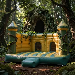 inflatable bouncer castle, (((((((((((((((((((((an overgrown forest, vine-covered cave entrance in shadow))))))))), warm light dappled through the leaves)))))))))))), Wadim Kashin, in Peter Elson color scheme, featured in artstation, octane render, cinematic, elegant, intricate, 8k