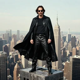 starving keanu reeves wearing a black cape sunglasses leather suit whilst standing atop a skyscraper masamune shirow jen bartel jim lambie kent monkman winslow homer thomas eakins uta natsume