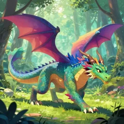 a mulitcolored dragon roaming the forest, trending on pixiv