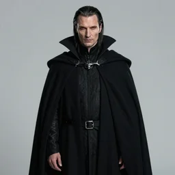 mads mikkelsen as a vampire, male, late - 4 0 s aged, very long hair, slicked black hair, red eyes, clean shaven, wearing a cape, regal, royal, grim facial expression, high medieval fantasy, full color digital art, cinematic shot, portrait, wide shot.