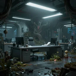 office, horror scene, fluorescent lighting, beautiful volumetric-lighting-style atmosphere, futuristic atmosphere, intricate, detailed, photorealistic imagery, artstation