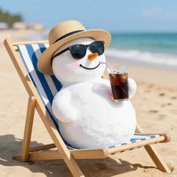 ( ( snowman wearing straw hat and sunglasses ) ), ( ( relaxing on deckchair ) ) ( ( on sandy beach drinking cold soda ) ), on a beautiful sunny day, photorealistic image ultra detailed, high resolution, trending at artstation