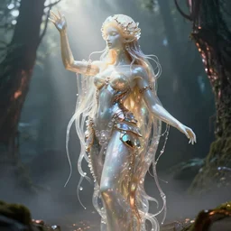beauteous sumptuous medusa, white pearlescent, chrome, iridescent titanium, crystal, liquid gold, copper, bronze, by h. r. giger, cinematic forest lighting, crystalline masterpiece incrustations, hyperdetailed metalwork, in volumetric soft glowing mist, elegant pose, movie still, octane render, unreal engine, crepuscular rays,