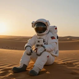 astronaut sitting alone in a desert at sunset during golden hour