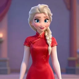 elsa is wearing a chinese red cheongsam, frozen, disney style.