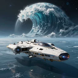 An epic digital art of a futuristic spaceship parked on the water surface of an exoplanet where in the background a giant wave is approaching, Artwork by James Gilleard, trending on ArtStation