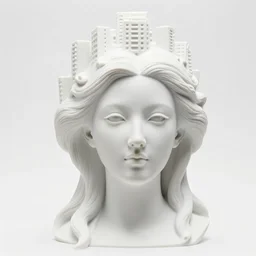 full head and shoulders, beautiful female porcelain sculpture by daniel arsham and raoul marks, smooth, all white features on a white background, hair built like an apartment tower, delicate facial features, white eyes, white lashes, detailed white,