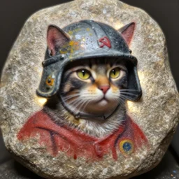 a cat wearing a war helmet : : rock art, splatter paint, soviet art, vignette, 3 - dimensional, backlight : : blur : : - 0. 3 blurry : : - 0. 3 out of focus : : - 0. 3