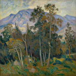 trees and mountains, a breathtaking painting, painted in the impressionist style, trees painted by leonardo da vinci