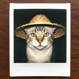 A old Vietnamese cat wearing a Vietnamese straw hat and with giant brows looking scared to the camera, polaroid photo, colored, award winning