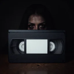 a vhs tape of a unsettling creepy thing hiding in the shadows