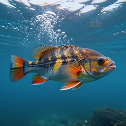 ultra realistic underwater photography, panoramic picture of a river with ( subject : one single huge exotic brightly coloured fish ). lots of bubbles. wavy, scattered light entering from the water surface, artstation, focus on the fish, extremely detailed, hyperrealistic crisply sharp fish, 8 k