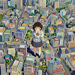 a cute giantess wearing school uniform standing in the city which seem small, bird's eye view, gouache, 8 k wallpaper, strong brush stroke, very high detailed, sharp focus, illustration, morandi color scheme, art station, by shinkai makoto