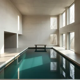 a super - minimal brutalist interior, plunge pool sunk into floor, huge windows with daylight streaming in, a single table, high - resolution photo from architecture website