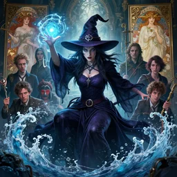 highly detailed vfx portrait of a witch casting water magic, unreal engine, greg rutkowski, loish, rhads, beeple, makoto shinkai and lois van baarle, ilya kuvshinov, rossdraws, tom bagshaw, alphonse mucha, global illumination, detailed and intricate environment