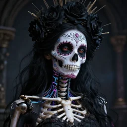 a chaotic goddess of death skeleton as a heroine, intricate, elegant skull black rose s day of the dead atmospheric, dramatic, Trending on artstation. augmentations and cybernetic enhancements neon circuits, greg rutkowski , hyperrealist, cinema4D, 8k highly detailed
