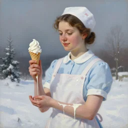 masterpiece painting by emile friant of a nurse with an ice cream in her hand, milk flows over her arms in winter