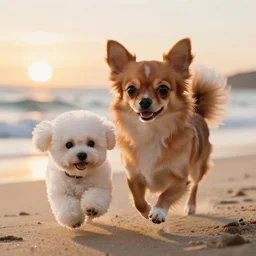 a photorealistic closeup image of a cute brown long haired chihuahua cocker spaniel dog chasing a white bichon frise puppy across the beach. sunset, surf. brightly lit. extreme detail. unreal engine