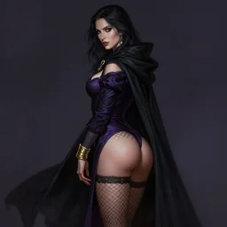Dark Fantasy portrait, Necromancer, female, gorgeous, beautiful face, dark garments, dark pruple robes, gold bracelet, Black cloak from neck to ankles, fishnets stockings, pin-up, shapely toned derriere, highly detailed, smooth, shrap focus, digital painting, illustration, by by Albert Aublet, Krenz Cushart, WLOP and Sakimichan, artstation