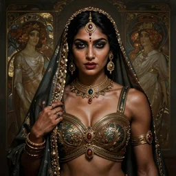 portrait painting of dark muscular indian royal woman, looking into camera seductively, ultra realistic, concept art, intricate details, eerie, highly detailed, photorealistic, octane render, 8 k, unreal engine. art by artgerm and greg rutkowski and alphonse mucha