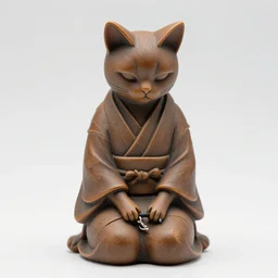 elegant seductive anthropomorphic cat figurine wearing a kimono, hand carved brown resin, submissive, toggles, very highly detailed, petite intricate, monotone, shy looking down