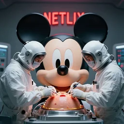 movie still of dystopian futuristic mechanic surgeons with astronaut helmets on their heads operating on huge mickey mouse doll head red netflix neon office sign in background, in private care garage, hyperrealistic, minimal