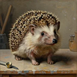 portrait of a hedgehog on a table in a ceramic workshop, oil painting, northern renaissance art, oil on canvas, wet - on - wet technique, realistic, expressive emotions, intricate textures, illusionistic detail