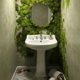 a messy bathroom with a washbasin, with moss on the wall, trending on artstation, mixed media, octane rendering
