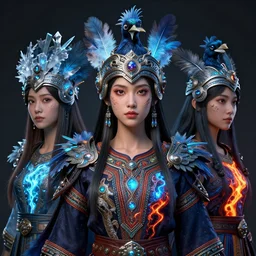 3 d warrior goddess medium shot portrait. beautiful hyperrealistic intricate highly detailed magpie helm and richly embroidered blouse, quetzalcoatl, bioluminescent, curious, kintsugi, plasma, lava, ice, feather, artwork by tooth wu and wlop and chiara bautista, octane 3 d render