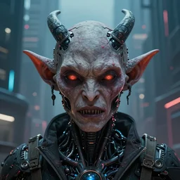cinematic portrait of a satanic goblin cyborg, cybernetic, cyberpunk city background, full face portrait, centered, symmetrical face, atmospheric lighting, intricate, volumetric lighting, cyberpunk, concept art, sharp focus, ultra detailed, concept art by marc simonetti and dan mumford. featured on artstation