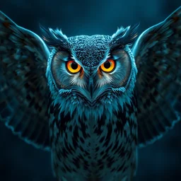 close up portrait of an owl with bright golden eyes in the night spreading wings, blue night lighting, symmetrical, album cover art, highly detailed, digital painting, artstation, concept art, soft focus, cinematic lighting, illustration, art by artgerm and greg rutkowski, alphonse mucha, cgsociety
