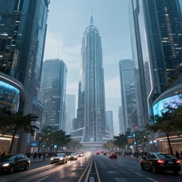 A futuristic cyber-city as viewed from street level.