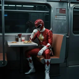 Power Rangers film, a scene where A Power Ranger is eating only alone in a dark diner, he is tired and sitting on the subway Seats, Dark cinematic color tones.