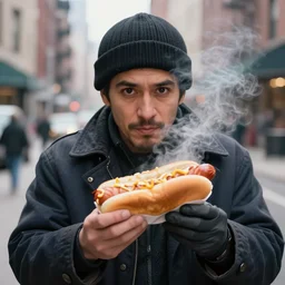 closeup portrait of a sneaky man selling hotdogs from his coat in a smoky new york back street, by Annie Leibovitz and Steve McCurry, natural light, detailed face, CANON Eos C300, ƒ1.8, 35mm, 8K, medium-format print