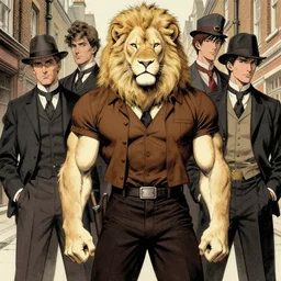 aesthetic portrait commission of a  of a male fully furry muscular anthro albino lion wearing attractive brown and black cotton detectives outfit in vintage 1900's London. Character design by charlie bowater, ross tran, artgerm, and makoto shinkai, detailed, inked, western comic book art, award winning film poster painting