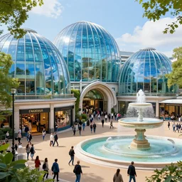 futuristic london's zoo with blue glass domes, crowded place with shops and marble fountain, sunny day, hyperdetailed, artstation, cgsociety, 8 k