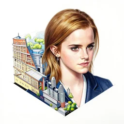 annotated highly detailed and intricate 4 5 degree isometric cross section of emma watson, marker concept art style render, colored
