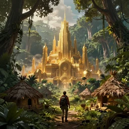 an intricate concept art of an explorer discovered a golden city in the middle of a jungle, tribe huts in the jungle, large trees and wild plants, sci - fi art, star wars inspired, cinematic lighting, artstation, art by tony sart,