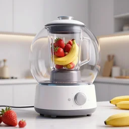 a smooth spherical kitchen appliance, machine with strawberries and bananas, blender, futuristic kitchen concept, art by artgerm and by greg rutkowski