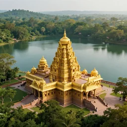 an ancient hindu temple made of gold in serene environment alongside a beautiful lake, art deco, forest, distant, high angle, wide angle, global illumination, trending on artstation, octane render, cgsociety, surrealist, cinematic, unreal engine 5
