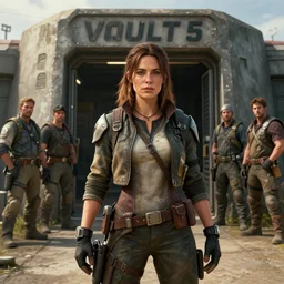 fallout 5, charismatic beautiful rugged brunette female protagonist, portrait, outdoors in front of the entrance to vault 1 5 6, atmospheric lighting, painted, intricate, volumetric lighting, beautiful, daytime, sunny weather, slight overcast, sharp focus, deep colours, ultra detailed, by leesha hannigan, ross tran, thierry doizon, kai carpenter, ignacio fernandez rios